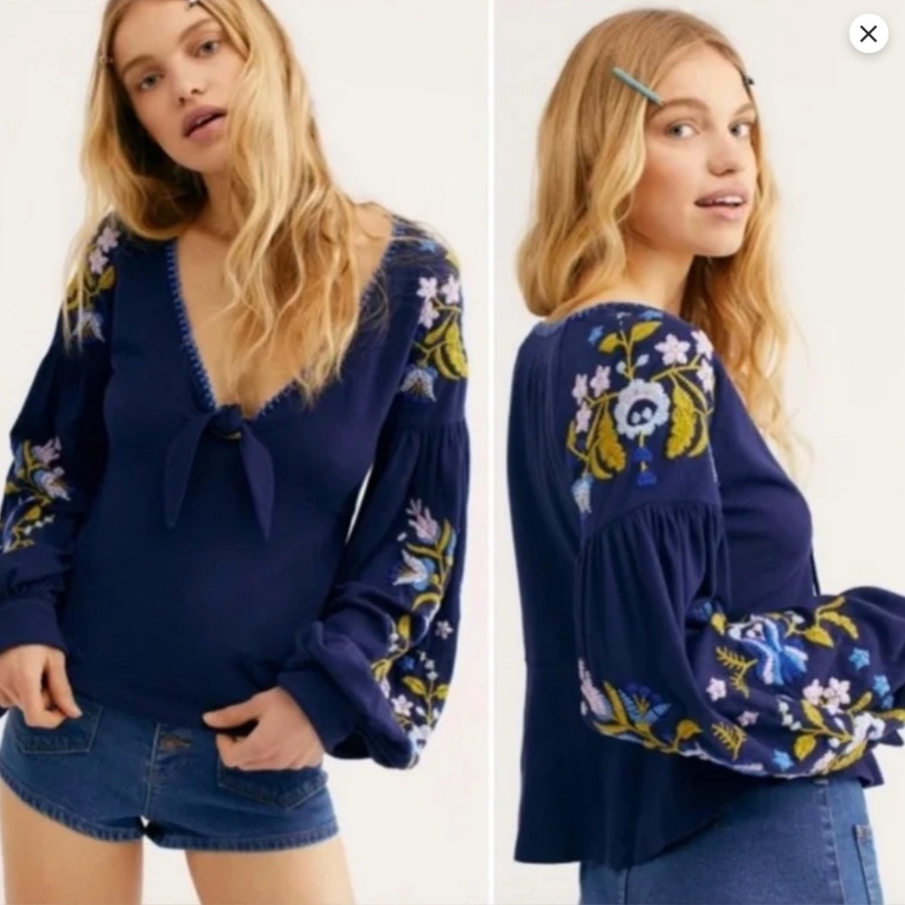 Free People Blue Floral Embroidered Long Sleeve Boho Top